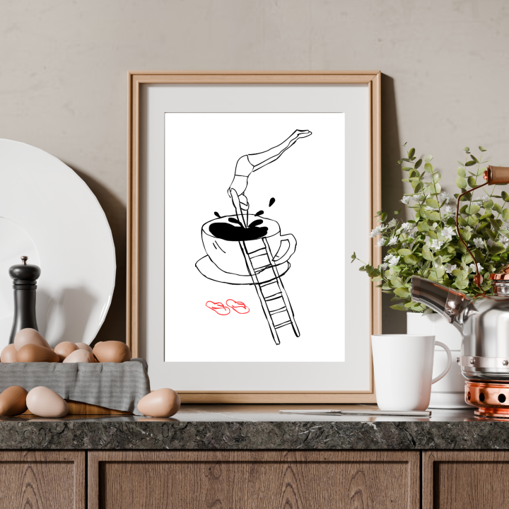 Minimalistyczny plakat do kawowego kącika to stylowa dekoracja ścienna do kuchni lub jadalni, idealna dla miłośników kawy, która podkreśla klimat domowej strefy kawowej
