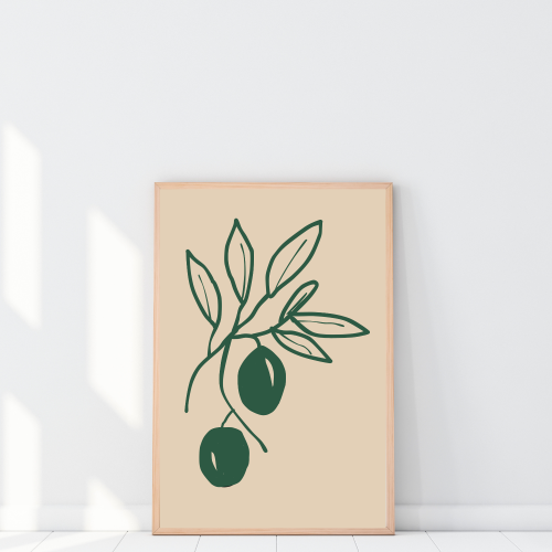 Minimalistyczny plakat do kuchni z zielonymi oliwkami to stylowa dekoracja ścienna, która odświeży Twoje wnętrze i wprowadzi nowoczesny klimat