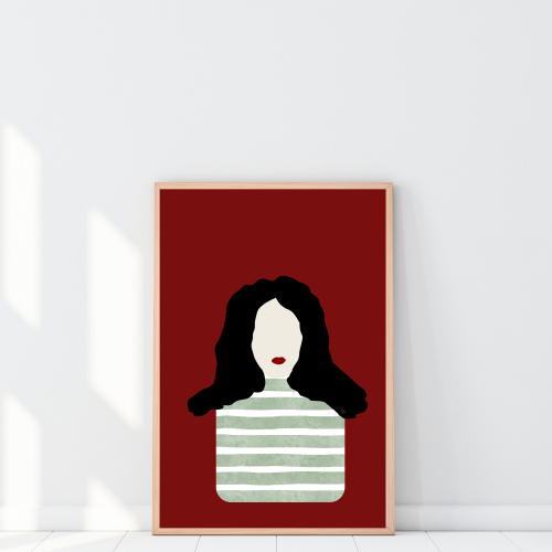 Artystyczny plakat portret kobiety burgundowe tło – stylowa ozdoba do salonu lub sypialni