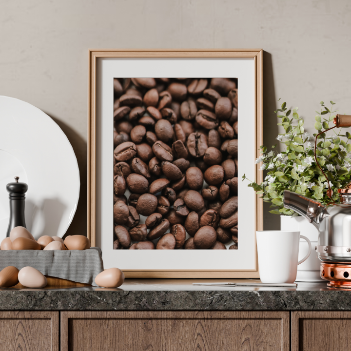 Minimalistyczny plakat kawa ziarna do kuchni i kawiarni na ścianę