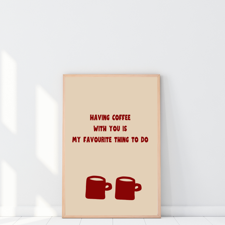 Minimalistyczny plakat beżowy z cytatem o kawie do kuchni dekoracja ściany