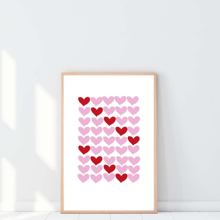 Romantyczny plakat z motywem serc do sypialni i salonu – dekoracja ścienna w ciepłym, nastrojowym stylu