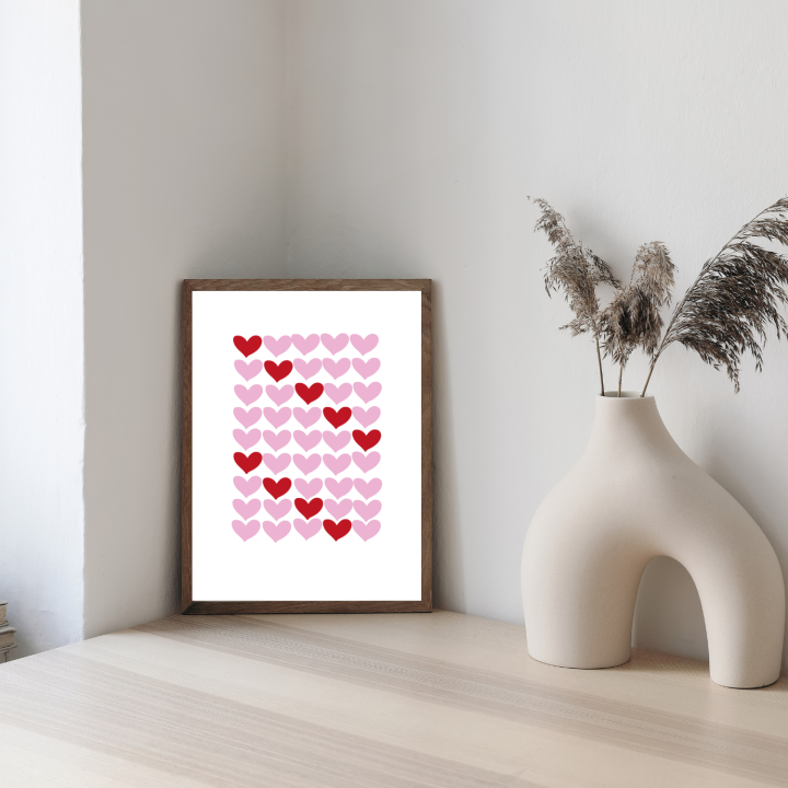 Plakat dekoracyjny z sercami – estetyczna ilustracja do wnętrz, idealna na prezent i do przytulnego domu