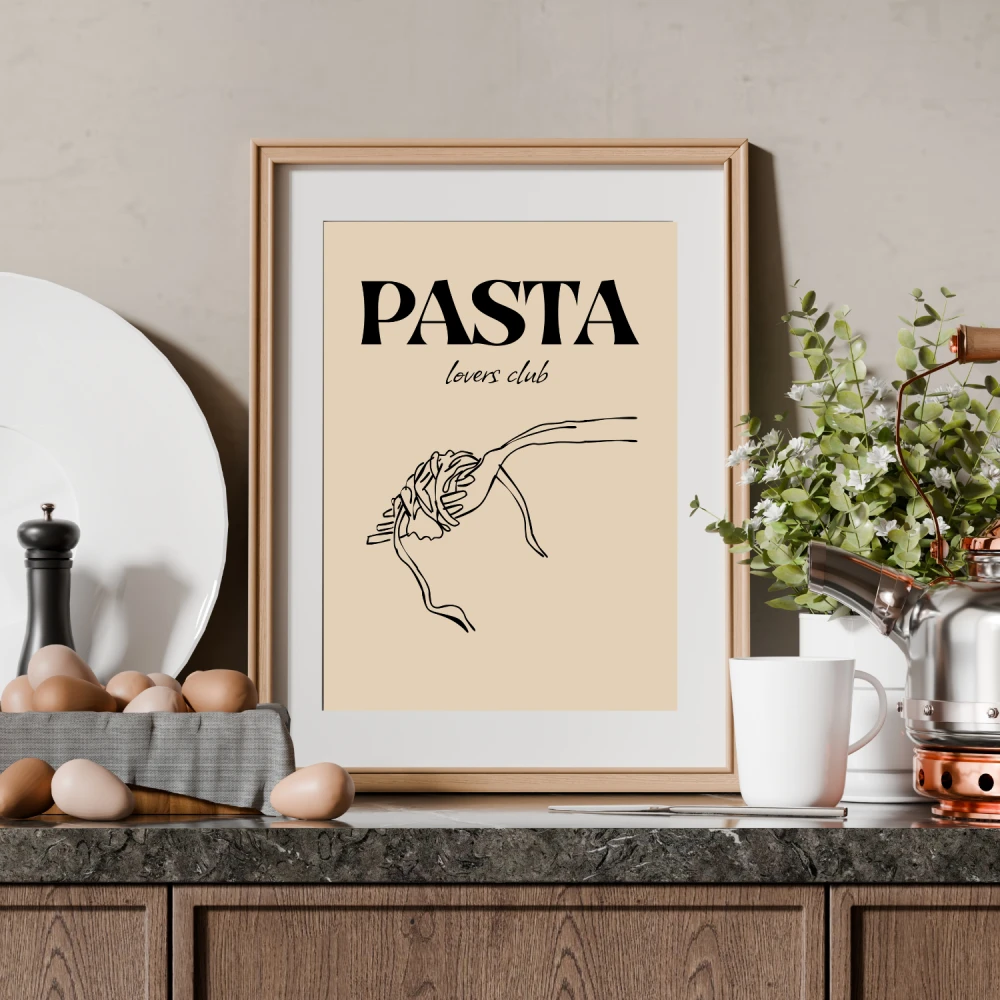 Plakat kuchenny rysunek makaronu na widelcu - modna dekoracja na ściane do jadalni