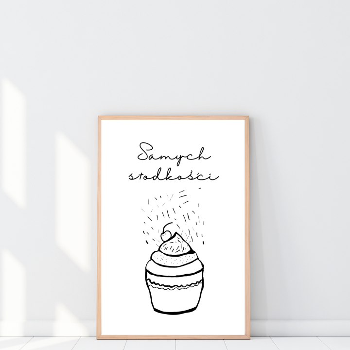 Urodzinowy plakat ze słodkim motywem i życzeniami prezent dla miłośniczki słodkości