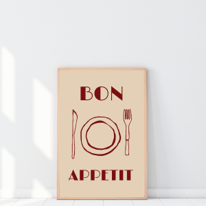 Kuchenny plakat z rysunkiem zastawy stolowej i napisem bon appetit