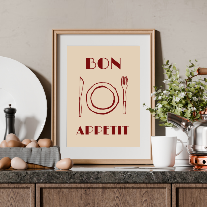 Plakat kuchenny z włoskim napisem Bon appétit – stylowa dekoracja ścienna, która nadaje kuchni nowoczesny, kulinarny charakter i przyciąga uwagę.
