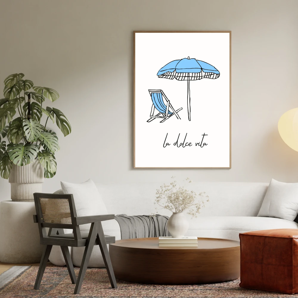 Minimalistyczny plakat przedstawiający plażowy parasol i leżak - dekoracja ścienna na lato