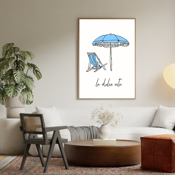 Minimalistyczny plakat przedstawiający plażowy parasol i leżak - dekoracja ścienna na lato