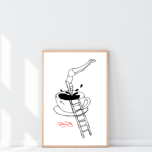 Plakat z abstrakcyjnym rysunkiem kobiety skaczącej do filiżanki kawy, wybierz czarno-białą dekorację do swojego kawowego kącika w kuchni