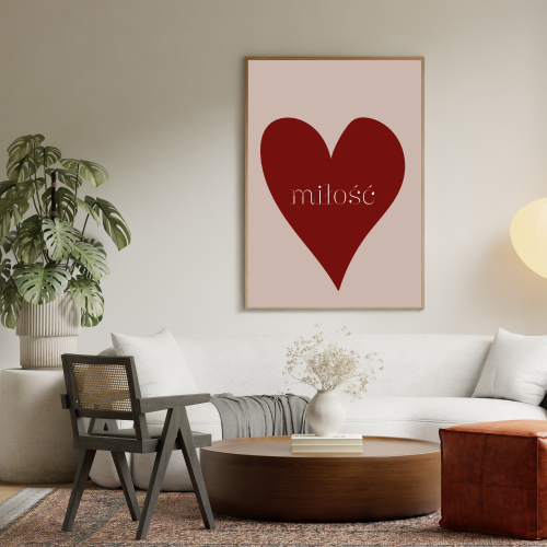Minimalistyczny plakat z sercem i napisem miłość na beżowym tle – romantyczna dekoracja ścienna
