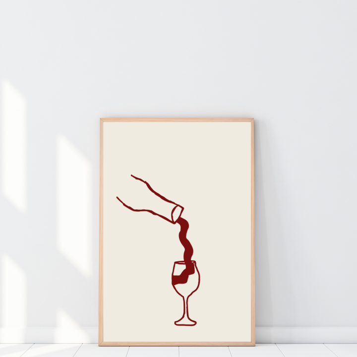 Beżowy plakat z czerwonym rysunkiem line art to dekoracja ścienna do kuchni i jadalni z klimatem wieczornego relaksu