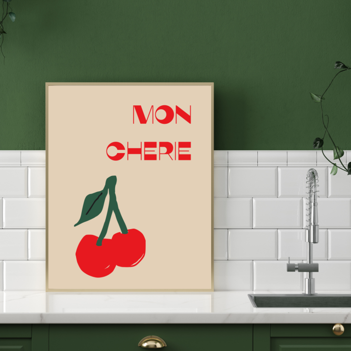 Beżowy poster do kuchni z motywem wisienek