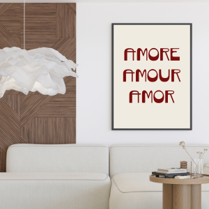 Beżowy plakat do sypialni nad łóżko z romantycznym napisem
