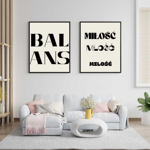 Zestaw dwóch beżowych plakatów z napisami