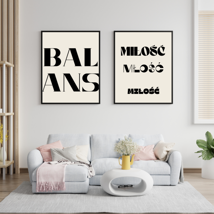 Zestaw dwóch beżowych plakatów z napisami
