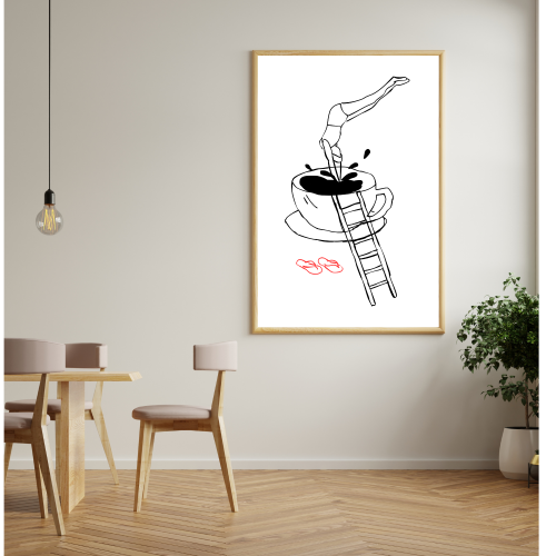 Plakat dla miłośników kawy autorski rysunek skoku do filiżanki to minimalistyczna dekoracja do Twojej kuchni lub jadalni