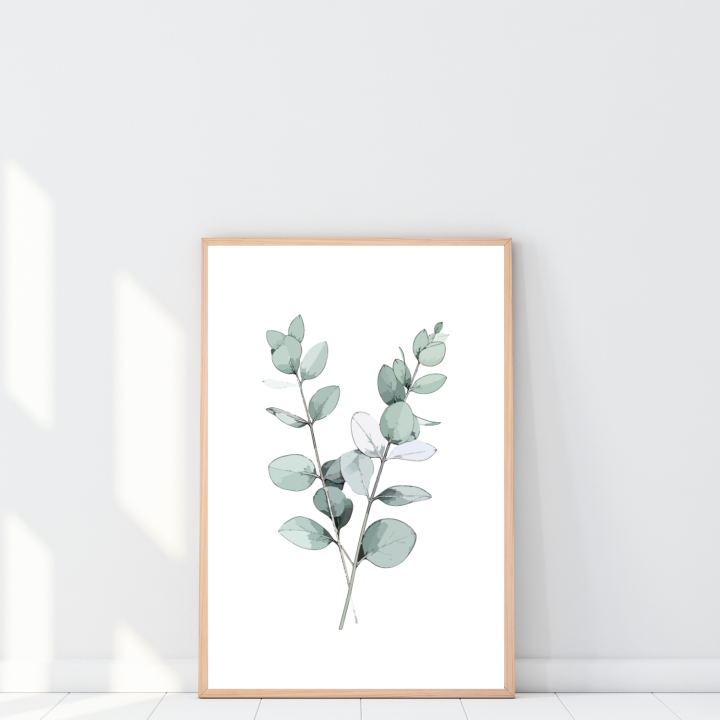Plakat z eukaliptusem do sypialni – minimalistyczna dekoracja ścienna, która wprowadza spokój i naturalny, nowoczesny klimat do wnętrza.