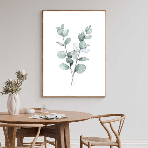 Plakat eukaliptus do salonu – minimalistyczna dekoracja w stylu naturalnym, która odświeża wnętrze i nadaje mu spokojny charakter.