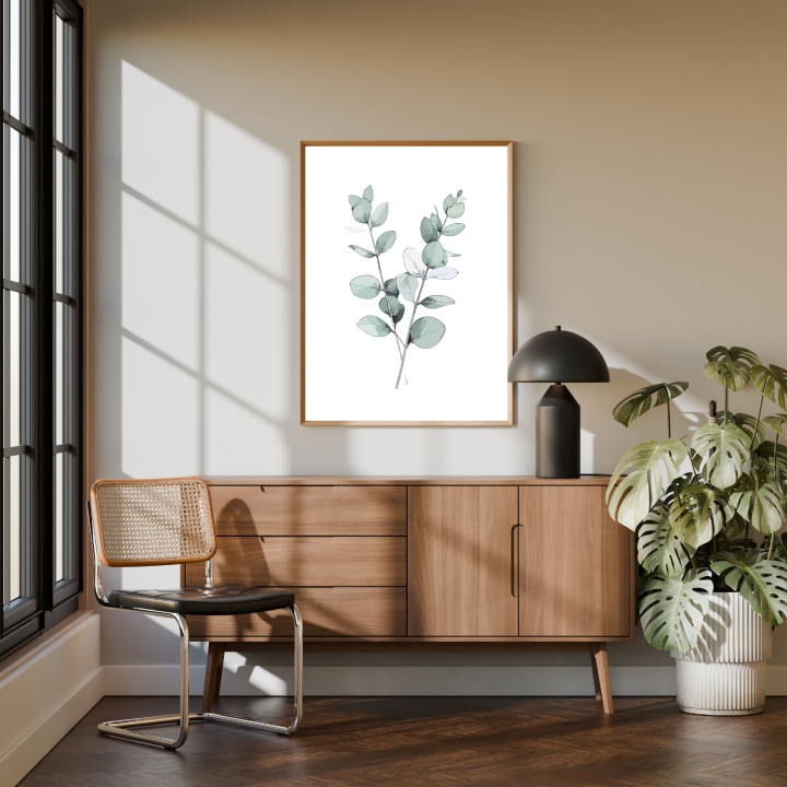Plakat z eukaliptusem – nowoczesna dekoracja domu w minimalistycznym stylu, która odświeża wnętrze i wprowadza elegancki klimat.