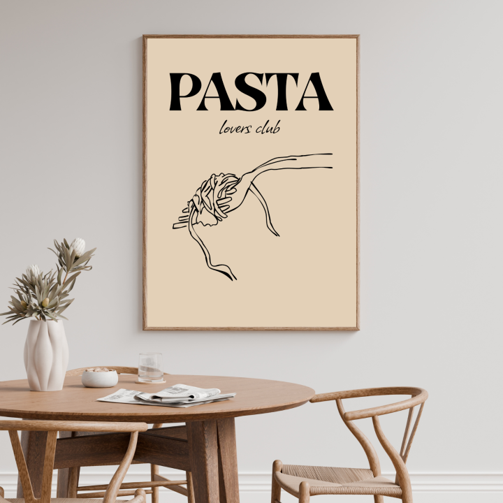 Plakat do kuchni z makaronem na widelcu, apetyczna dekoracja ścienna do jadalni