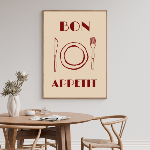 Kulinarny plakat z napisem „Bon appétit” do kuchni i jadalni – stylowa dekoracja ścienna, która nadaje wnętrzu apetyczny, nowoczesny charakter i podkreśla kulinarny klimat.