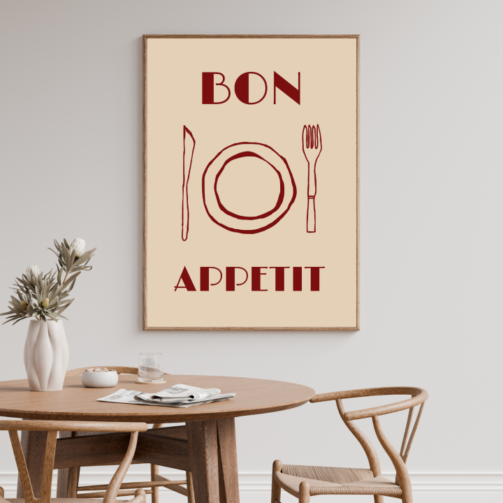 Kulinarny plakat z napisem „Bon appétit” do kuchni i jadalni – stylowa dekoracja ścienna, która nadaje wnętrzu apetyczny, nowoczesny charakter i podkreśla kulinarny klimat.