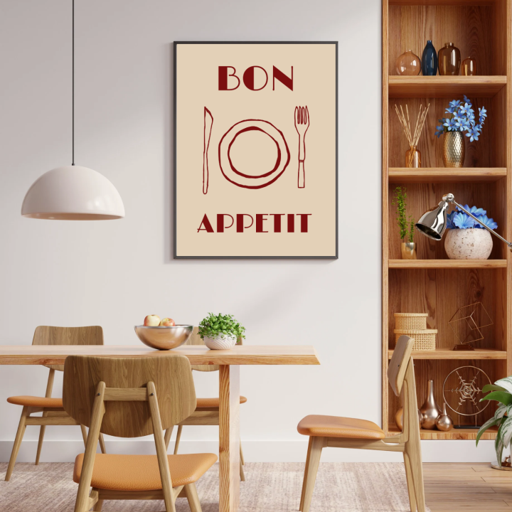 Plakat do kuchni w nowoczesnym stylu z motywem Bon appétit – dekoracja ścienna dla miłośników włoskiego klimatu, idealna do jadalni i kuchni