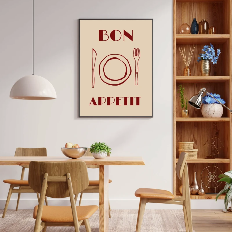 Plakat do kuchni w nowoczesnym stylu z motywem Bon appétit – dekoracja ścienna dla miłośników włoskiego klimatu, idealna do jadalni i kuchni