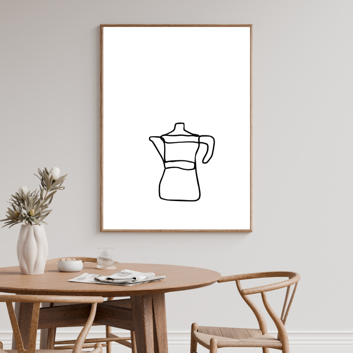 Plakat do kuchni z kawiarką w stylu line art to  elegancka i prosta ozdoba wnętrza