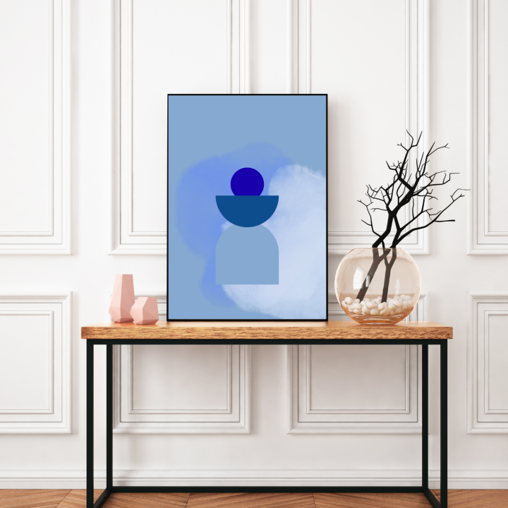 Nowoczesny plakat geometryczny z niebieskim wzorem – designerska dekoracja ścienna do domu, idealna do salonu, sypialni i jasnych, minimalistycznych przestrzeni.