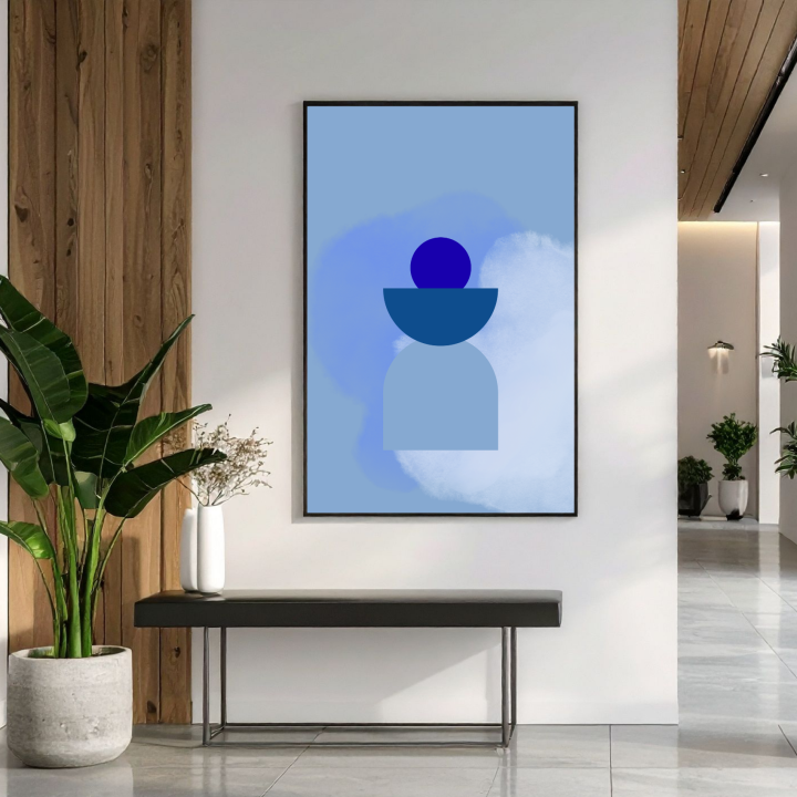 Niebieski plakat abstrakcyjny geometryczny – minimalistyczna dekoracja ścienna do nowoczesnych wnętrz, która wprowadza harmonię i elegancki, spokojny charakter.