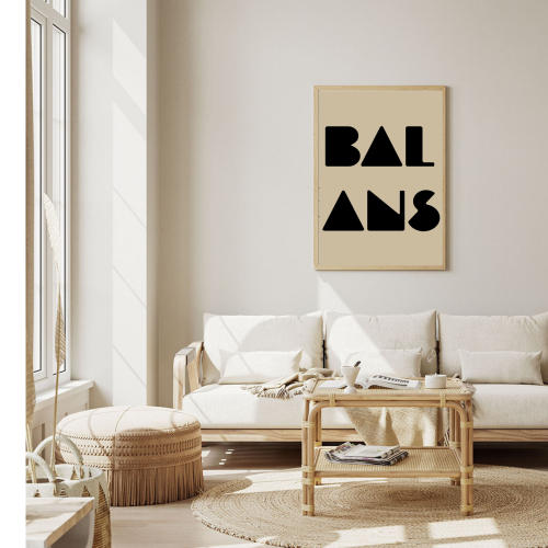 Minimalistyczny plakat nad kanapę z napisem balans