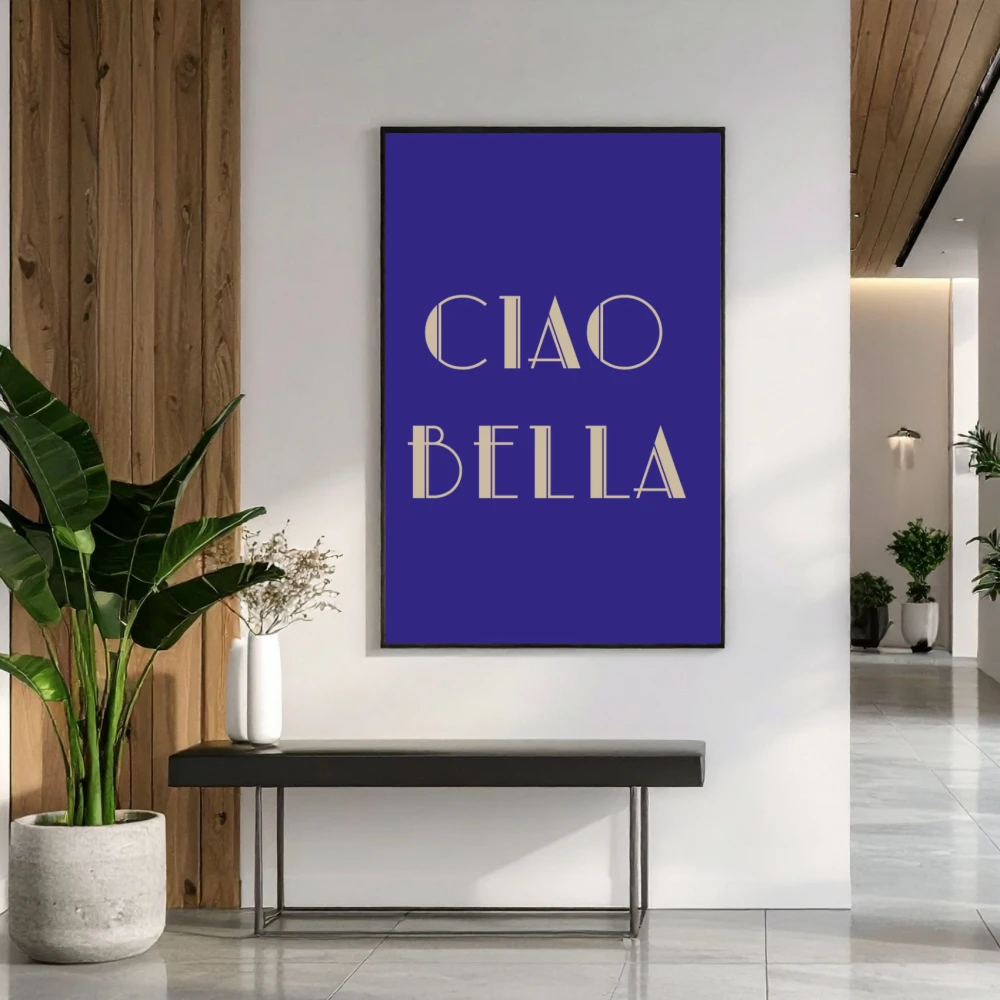Dekoracyjny plakat Ciao bella do powieszenia w łazience blisko lustra