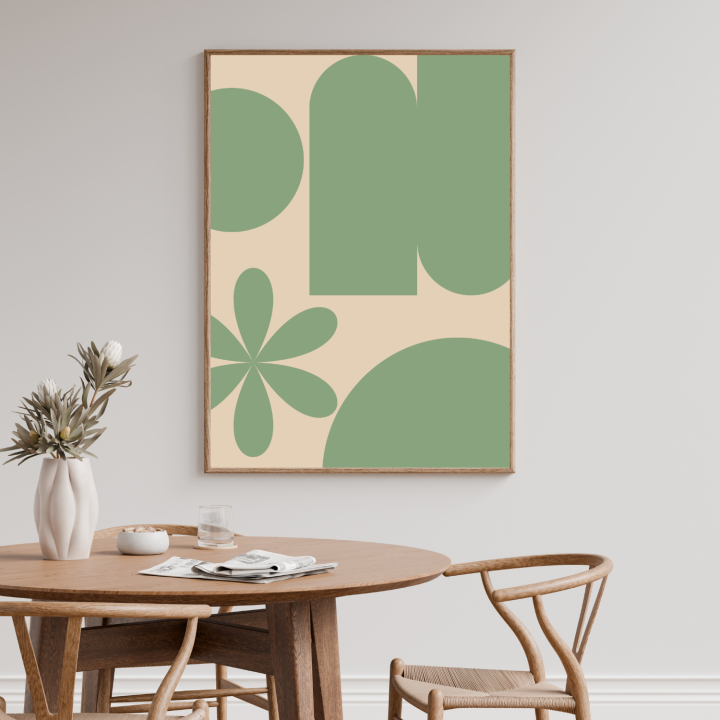 Sprawdź geometryczny plakat w odcieniach zieleni i beżu to dekoracja ściany do salonu lub sypialni, która wprowadza harmonię