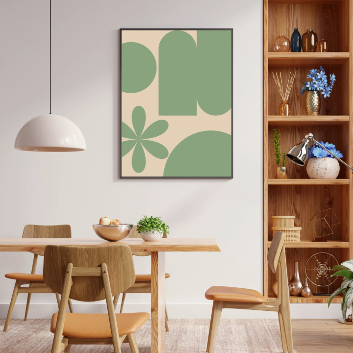 Odmień swoje wnętrze – ze stylowym plakatem  w pastelowej zieleni i beżu, który stworzy spokojny i harmonijny klimat w twoim salonie