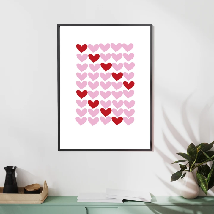 Nowoczesny plakat z motywem serc do sypialni,  dekoracja tworząca przytulny, romantyczny klimat