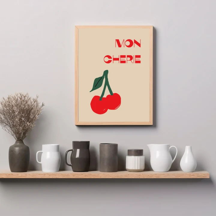 Plakat do kuchni lub jadalni w nowoczesnej odsłonie z rysunkiem wisienek do dekoracji ściany lub blatu
