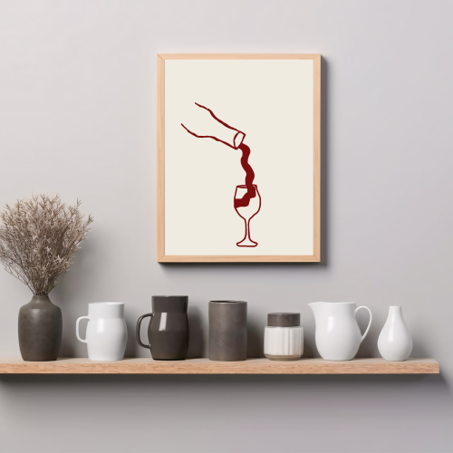 Plakat line art w beżu z czerwonym akcentem to graficzna kompozycja do kuchni i jadalni