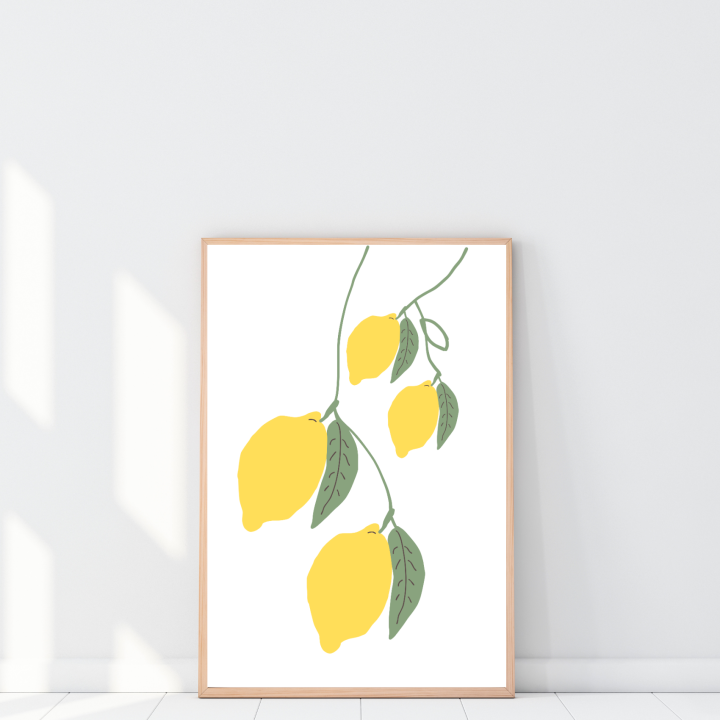 Plakat do kuchni z motywem cytryn to nowoczesna dekoracja ściany, idealna do jasnych wnętrz