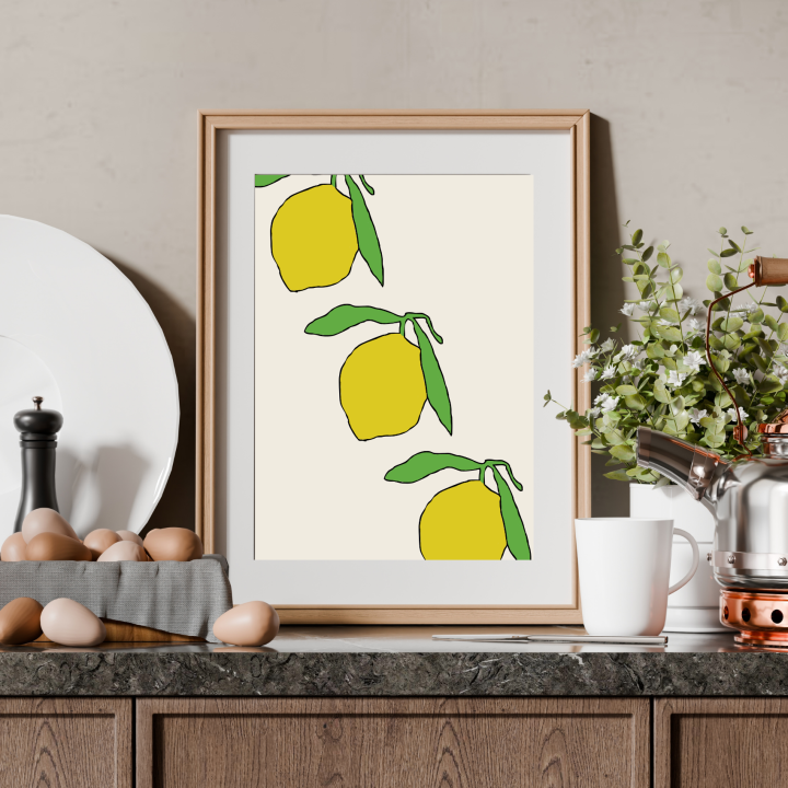 Plakat do kuchni i jadalni z cytrynami 30x40 cm to dekoracja ściany, która ożywia przestrzeń i pasuje do jasnych wnętrz