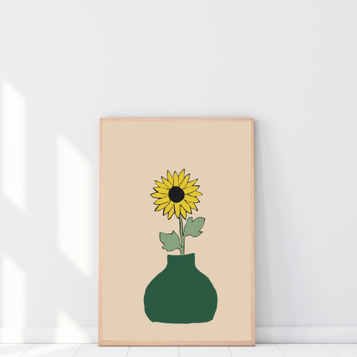 Artystyczny plakat ze słonecznikiem to nowoczesna dekoracja ściany, która przyciąga uwagę i buduje klimat wnętrza