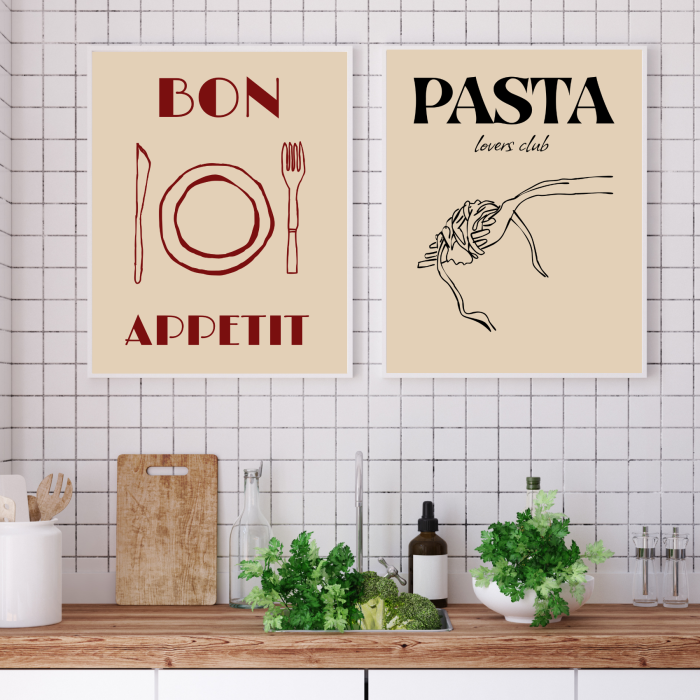 Kulinarne plakaty do kuchni z napisem bon appetit i pasta lovers club