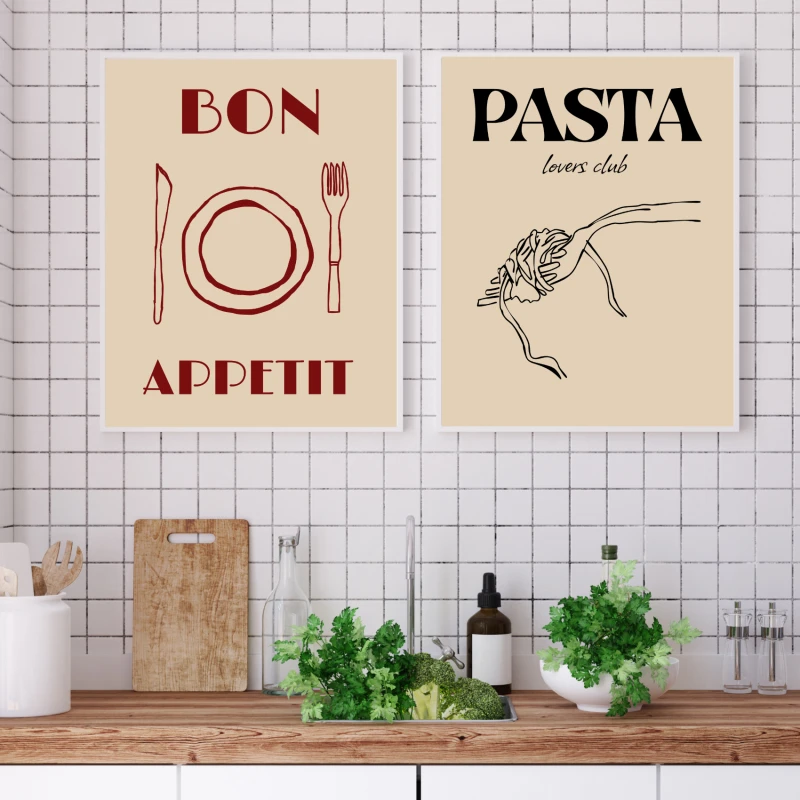 Kulinarne plakaty do kuchni z napisem bon appetit i pasta lovers club