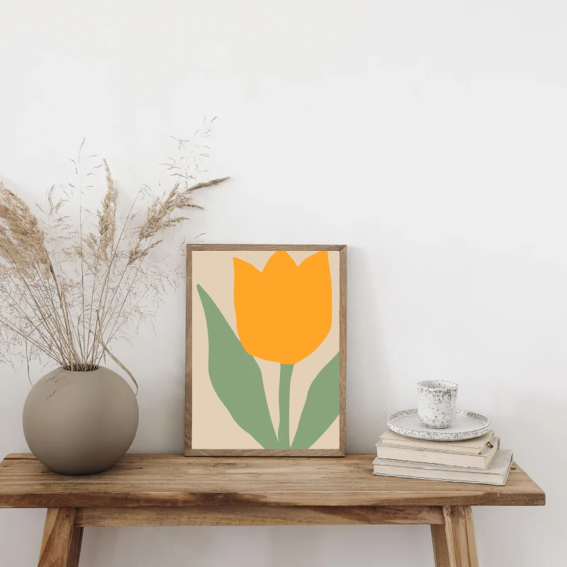 Bezowy plakat przedstawiajacy tulipana do salonu nad kanapę