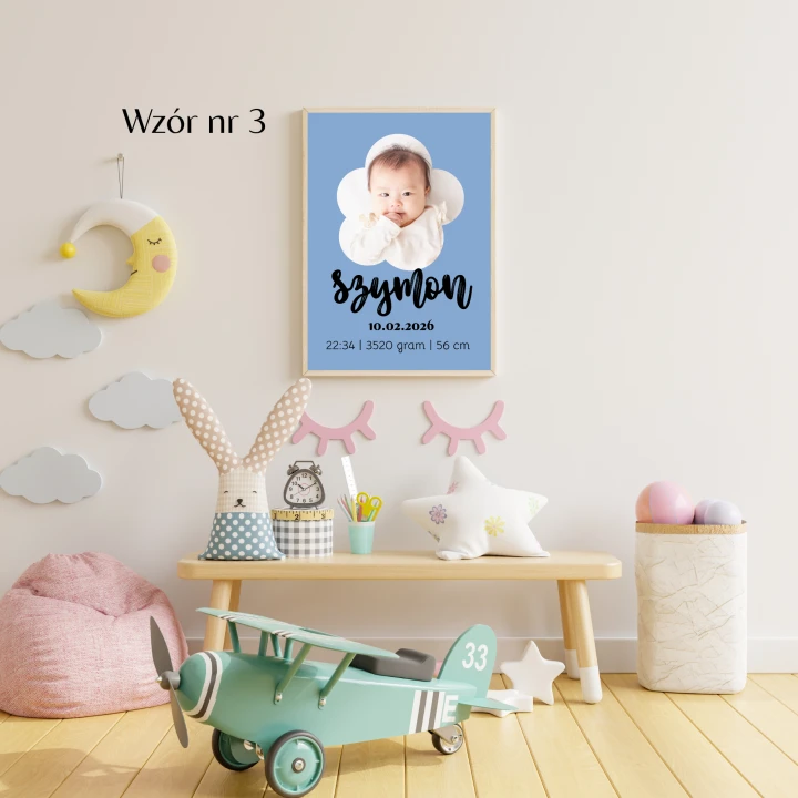 Metryczka urodzeniowa dla dziecka z imieniem datą urodzenia wagą i godziną dekoracja do pokoju