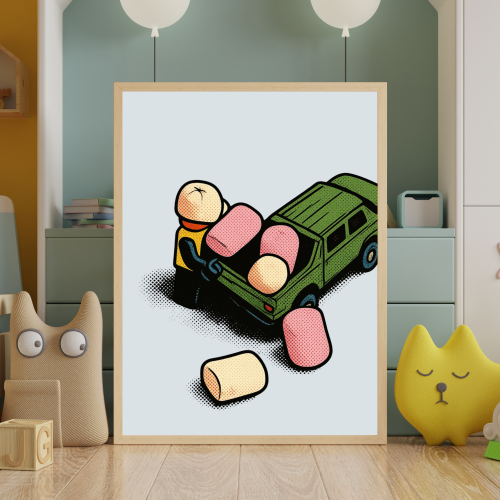 Plakat w stylu pop art z figurką z  klocków i samochodem pickup