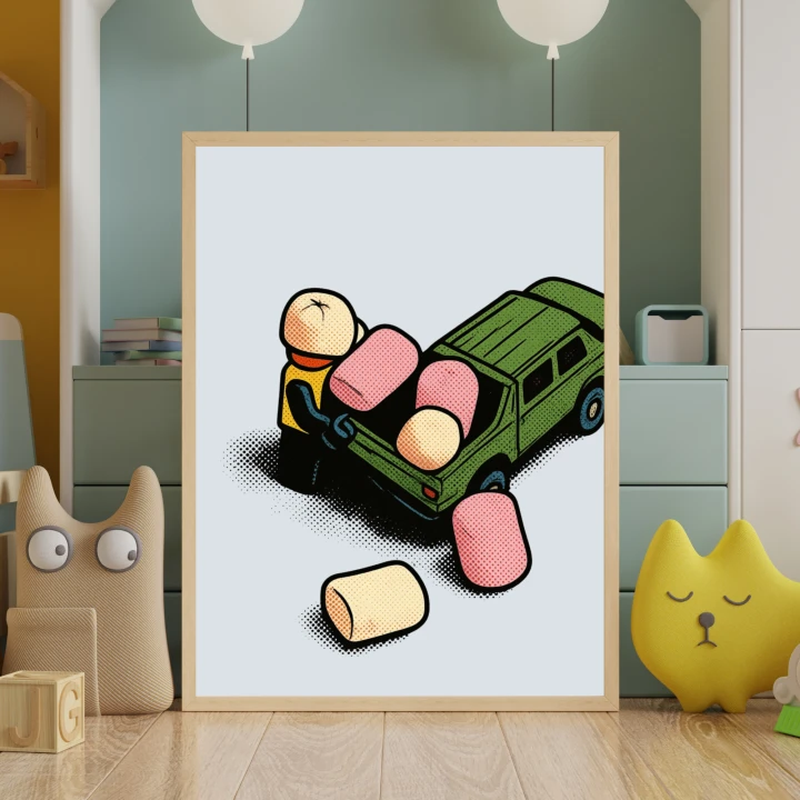 Plakat w stylu pop art z figurką z  klocków i samochodem pickup