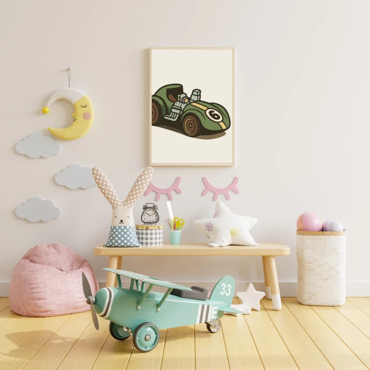 Plakat dla przedszkolaka do pokoju z motywem sportowego samochodu