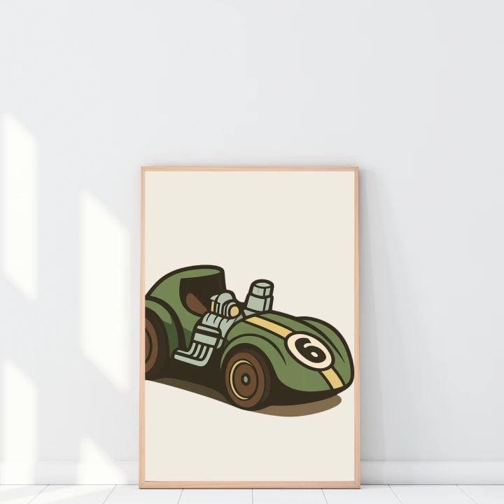 Plakat do chłopięcego pokoju z obrazkiem zielonego samochodzika wyścigowego